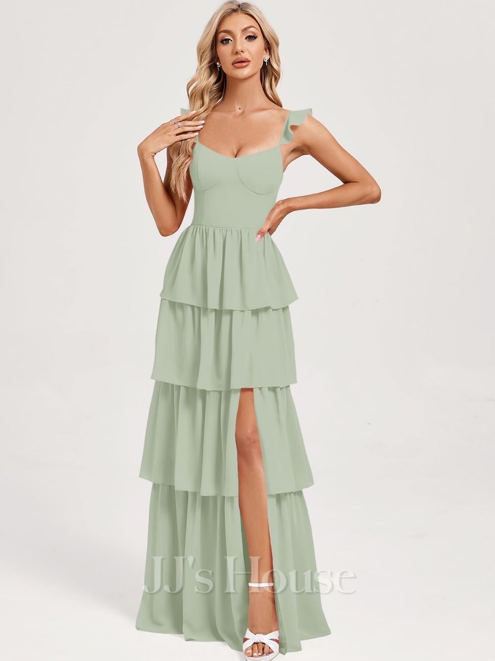 JJs House Light Sage Tiered Ruffle Chiffon Bridesmaids Dress Size 8